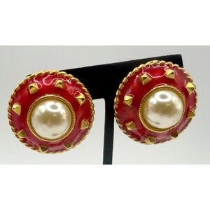Statement Signed YOSCA Gold Red Pearl Clip On Earrings 1.5" Gerard Yosca